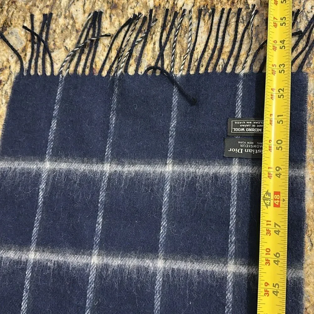 Christian Dior Monsieur Merino Wool Windowpane Fringe Trim Scarf